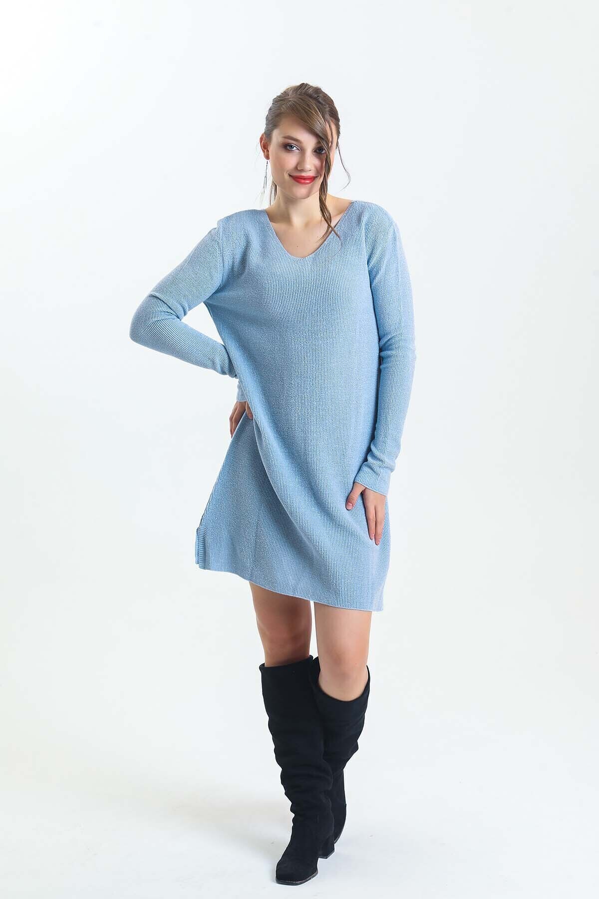 V Yaka Uzun Kol Simli Triko Elbise