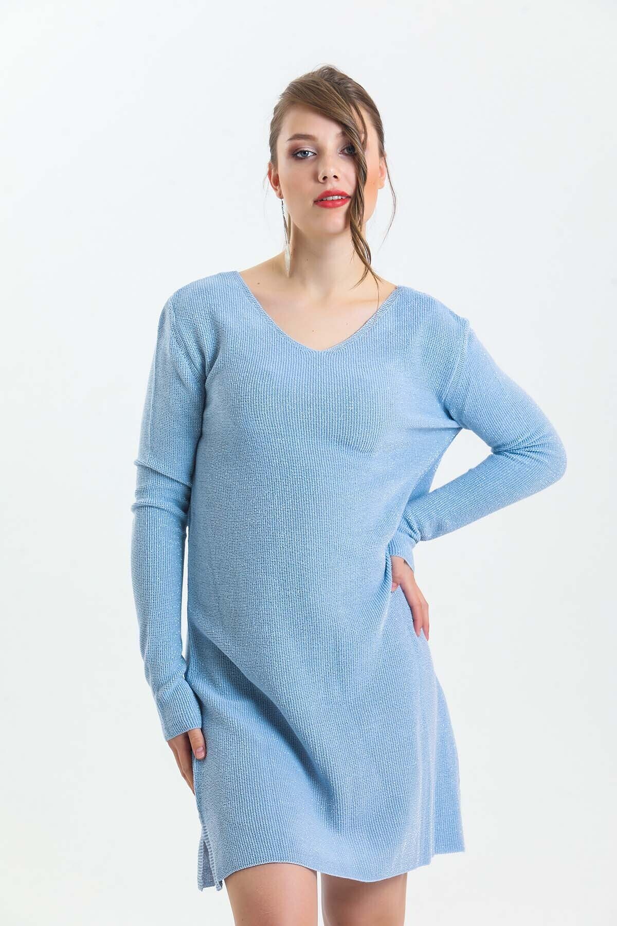 V Yaka Uzun Kol Simli Triko Elbise