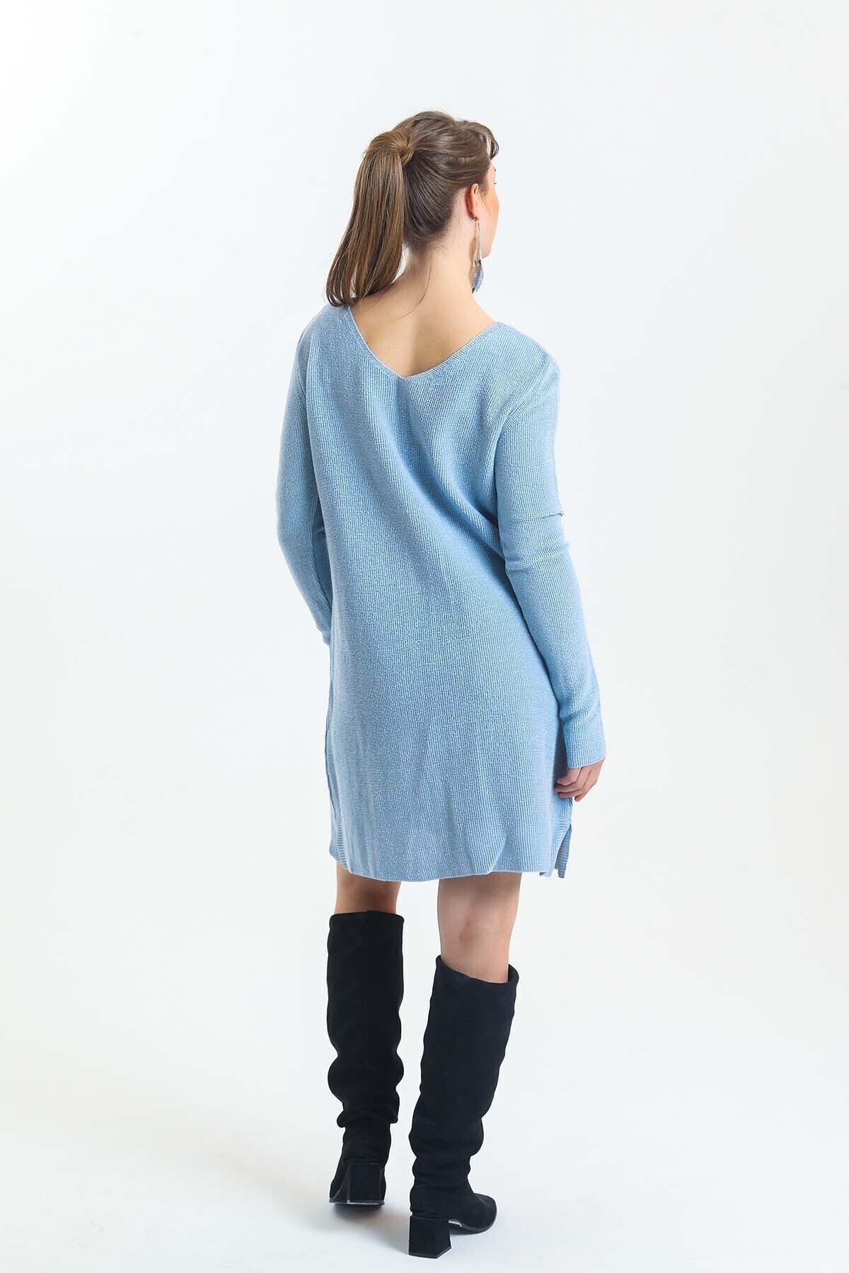 V Yaka Uzun Kol Simli Triko Elbise