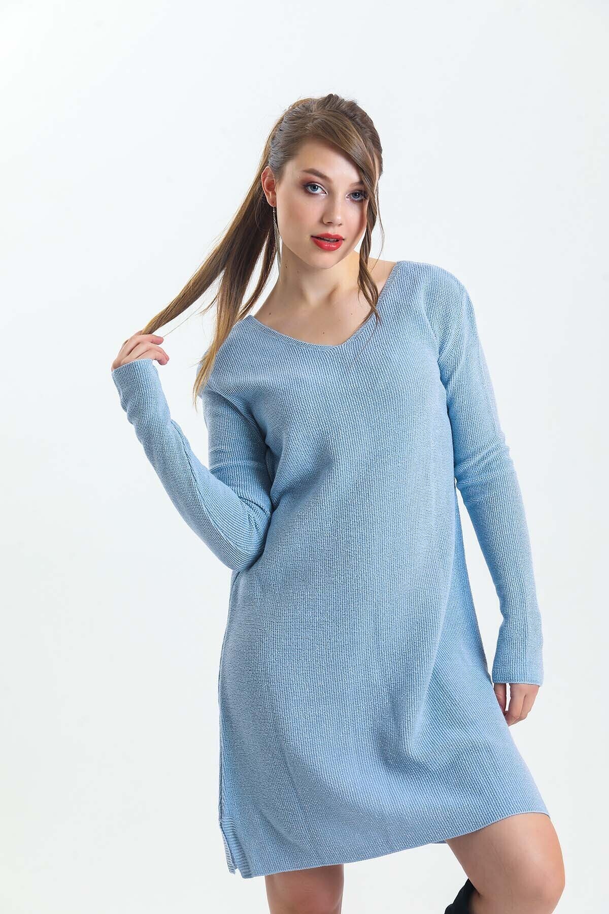 V Yaka Uzun Kol Simli Triko Elbise