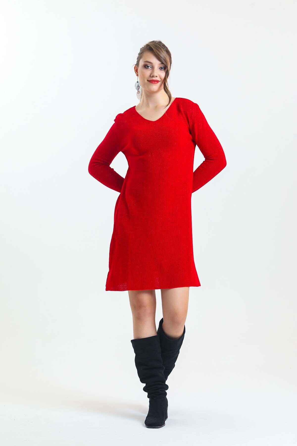 V Yaka Uzun Kol Simli Triko Elbise