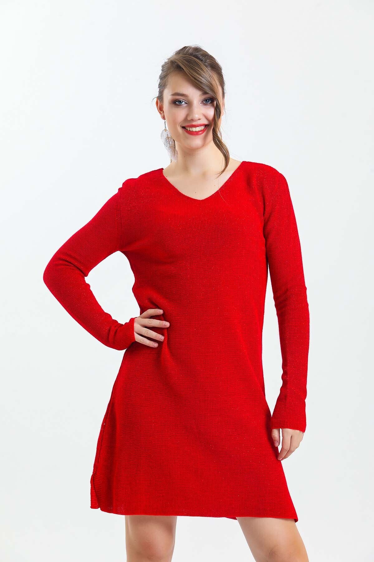 V Yaka Uzun Kol Simli Triko Elbise