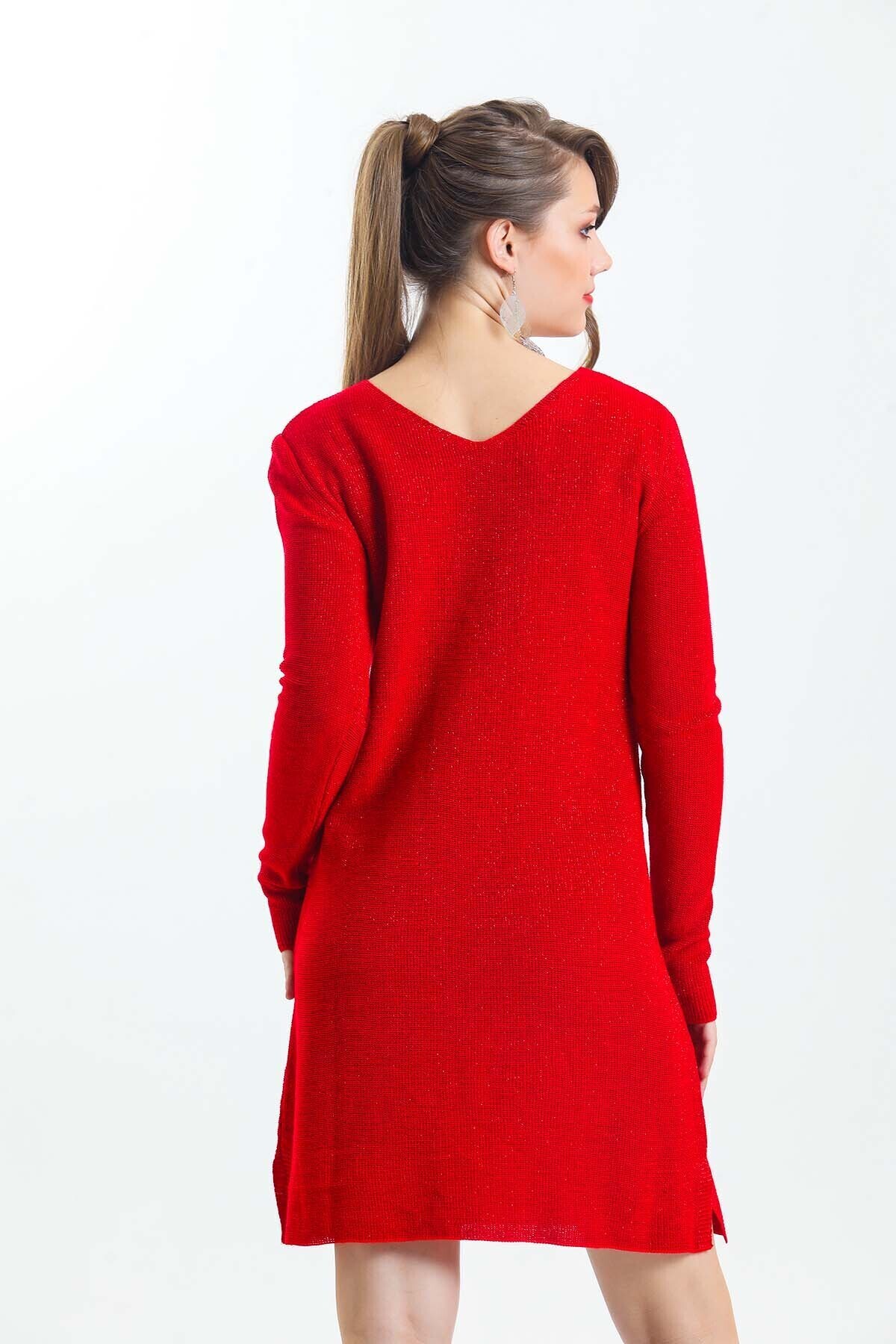 V Yaka Uzun Kol Simli Triko Elbise