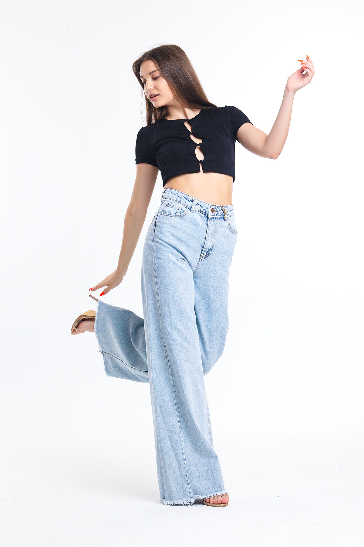 Yüksek Bel Kar Yıkamalı Geniş Paça Palazzo Kot Pantolon