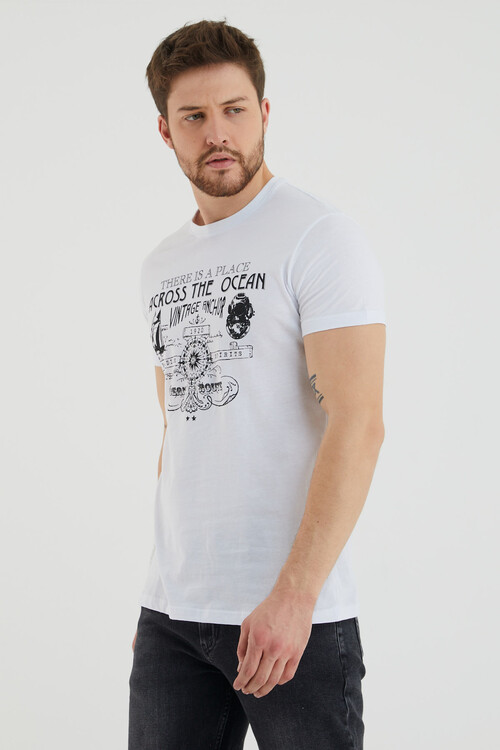Across The Ocean Baskılı Bisiklet Yaka Slim Fit Tshirt