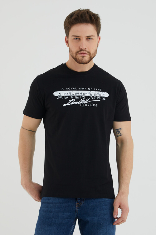 Adventure Yazılı Baskılı Bisiklet Yaka Slim Fit Tshirt