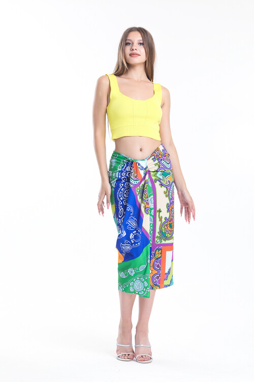 Arkası Fermuarlı Yırtmaçlı Desenli Etek