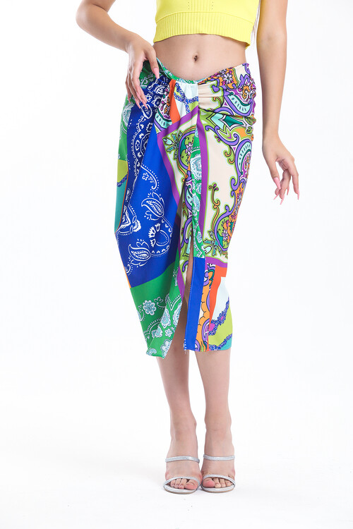 Arkası Fermuarlı Yırtmaçlı Desenli Etek