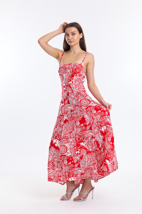 Askılı Sırtı Büzgülü Desenli Elbise