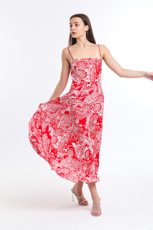 Askılı Sırtı Büzgülü Desenli Elbise