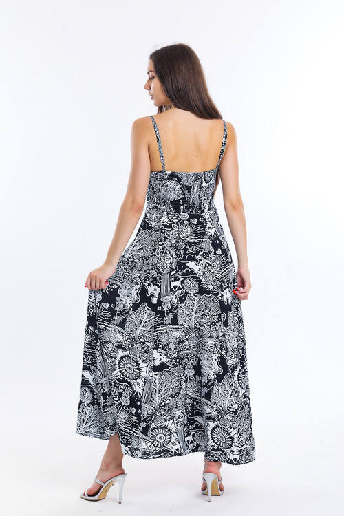 Askılı Sırtı Büzgülü Desenli Elbise