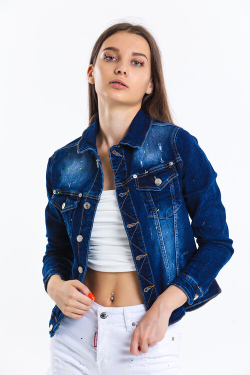 Baskılı Cepli Kot Ceket