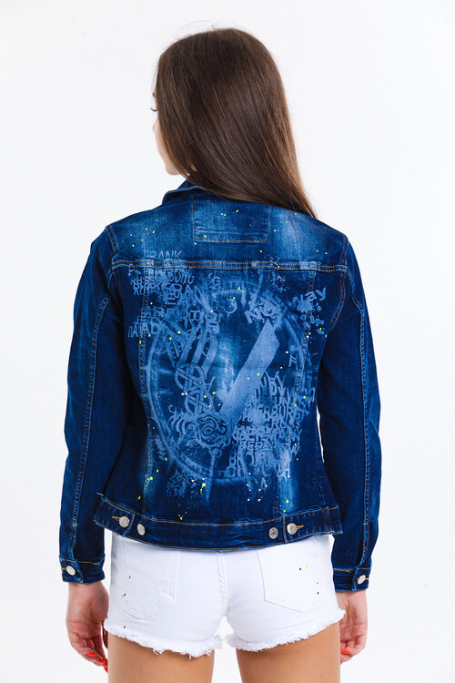 Baskılı Cepli Kot Ceket