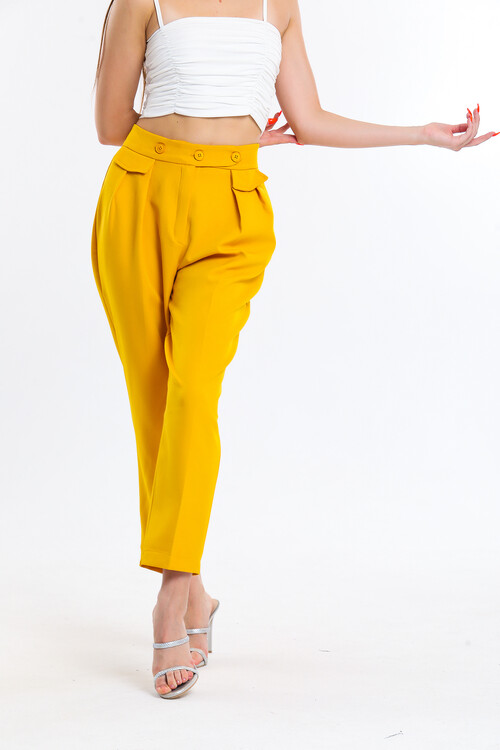 Beli Düğmeli Pensli Havuç Pantolon