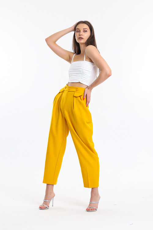 Beli Düğmeli Pensli Havuç Pantolon