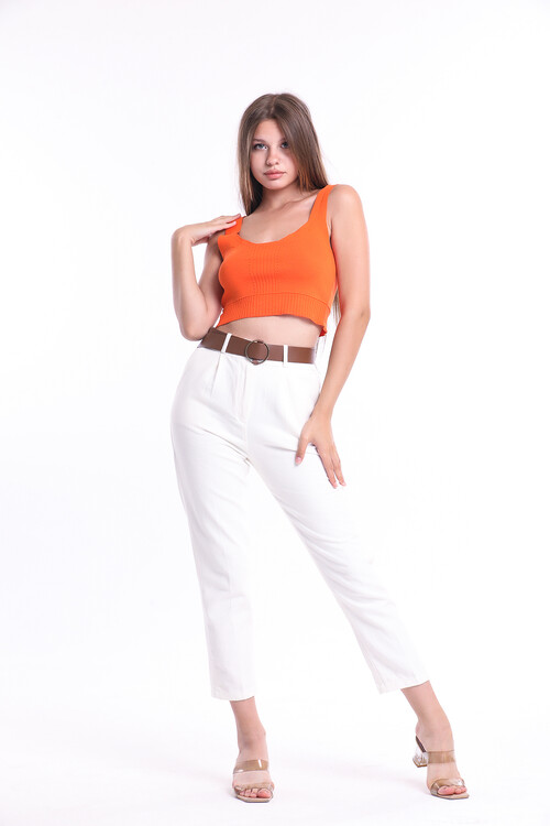 Beli Lastikli Kemerli Cepli Yüksek Bel Pantolon