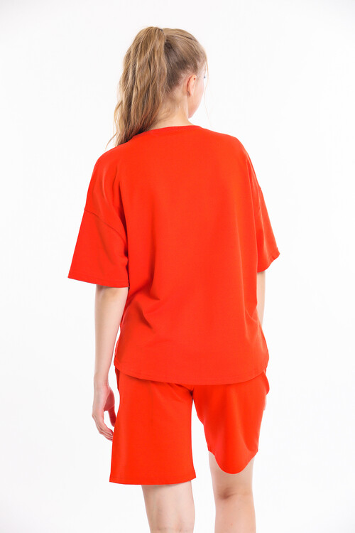 Bisiklet Yaka Eteği Yırtmaçlı Oversize Şort Takım