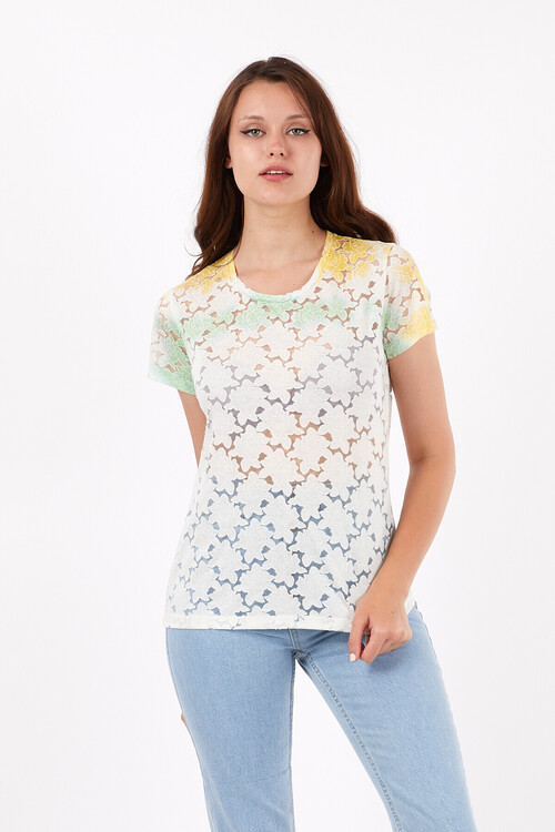 Bisiklet Yaka İki Renkli Papatya Desenli Tshirt