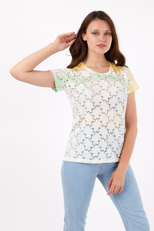 Bisiklet Yaka İki Renkli Papatya Desenli Tshirt