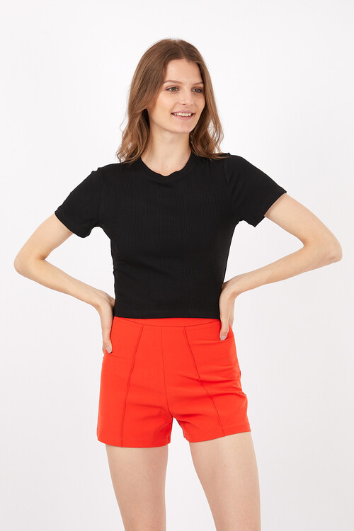 Bisiklet Yaka Kaşkorseli Kısa Kol Crop Bluz