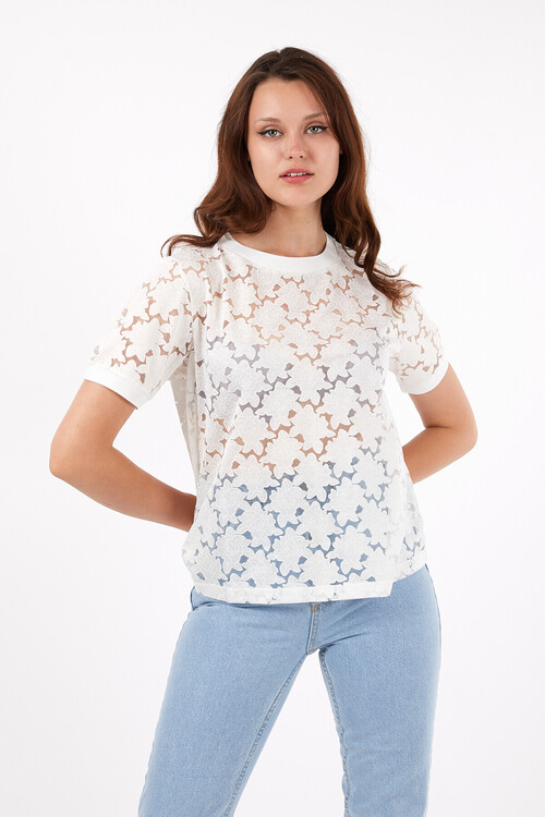 Bisiklet Yaka Kol Bandı Ribanalı Papatya Desenli Tshirt