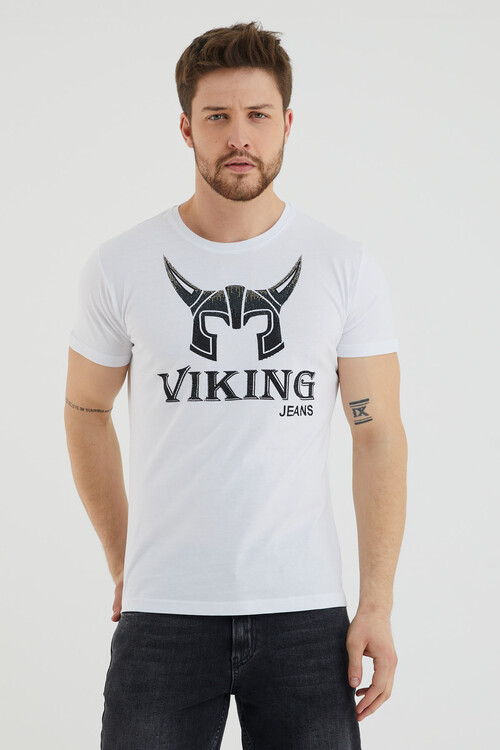 Bisiklet Yaka Viking Baskılı Taş Detaylı Tshirt