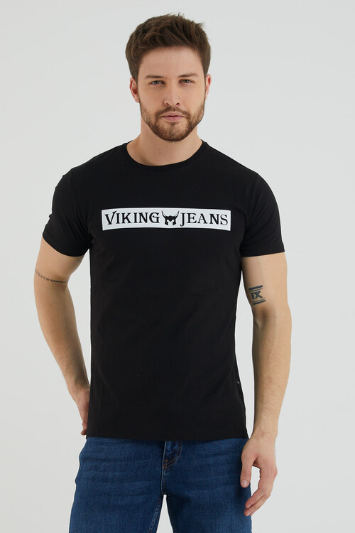 Bisiklet Yaka Viking Jeans Yazı Baskılı Tshirt
