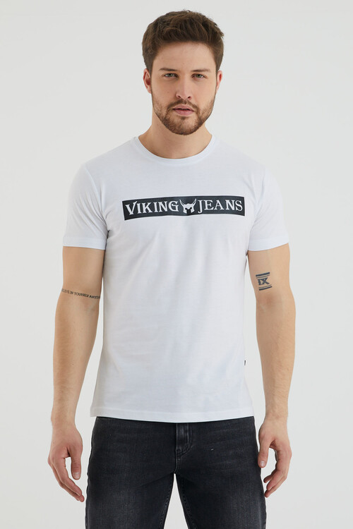 Bisiklet Yaka Viking Jeans Yazı Baskılı Tshirt