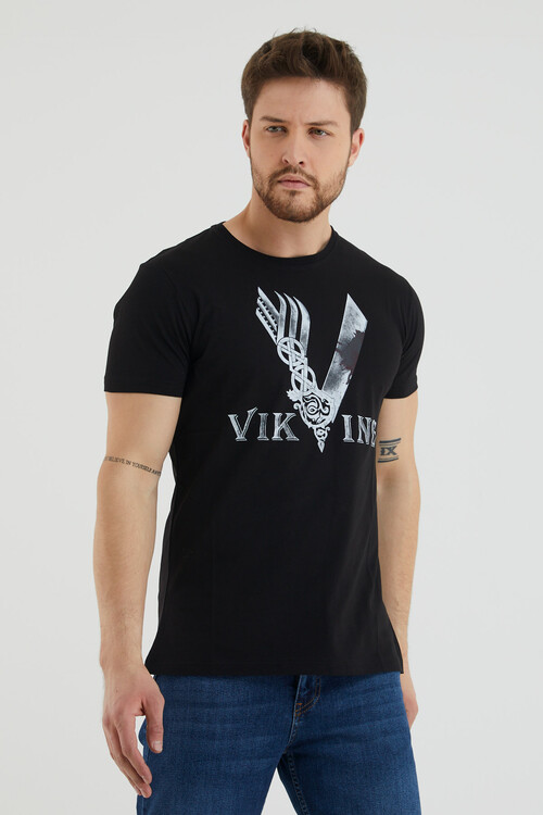 Bisiklet Yaka Viking Yazı Baskılı Tshirt