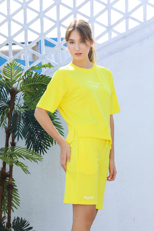 Bisiklet Yaka Yarasa Kol Baskılı Oversize Şort Takım