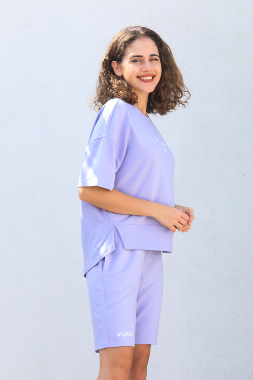 Bisiklet Yaka Yarasa Kol Baskılı Oversize Şort Takım