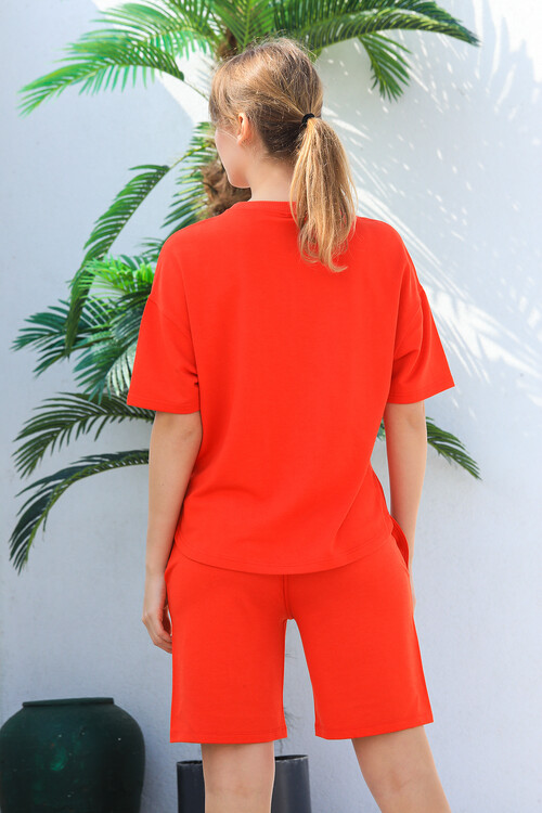 Bisiklet Yaka Yarasa Kol Baskılı Oversize Şort Takım