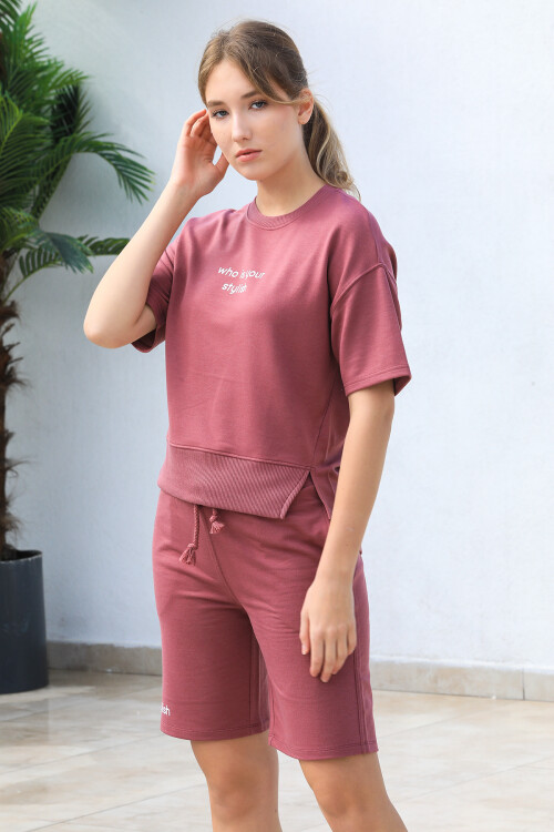 Bisiklet Yaka Yarasa Kol Baskılı Oversize Şort Takım