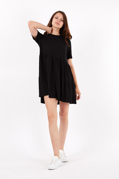 Bisiklet Yaka Yarım Kol Pileli Kısa Elbise