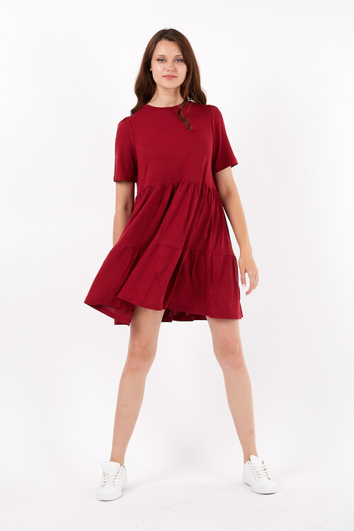 Bisiklet Yaka Yarım Kol Pileli Kısa Elbise