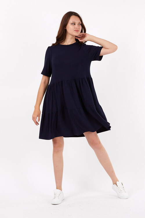 Bisiklet Yaka Yarım Kol Pileli Kısa Elbise