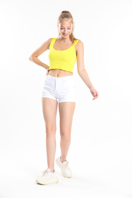 Boya Baskılı Sökük Yüksekbel Kot Şort