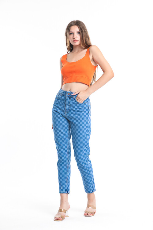 Cepli Kare Desenli Yüksek Bel Kot Pantolon