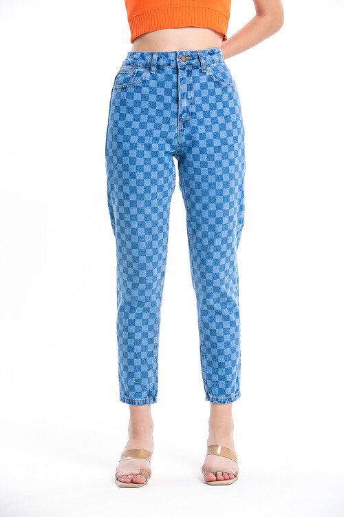 Cepli Kare Desenli Yüksek Bel Kot Pantolon