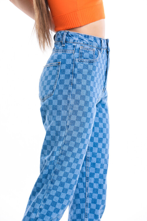Cepli Kare Desenli Yüksek Bel Kot Pantolon