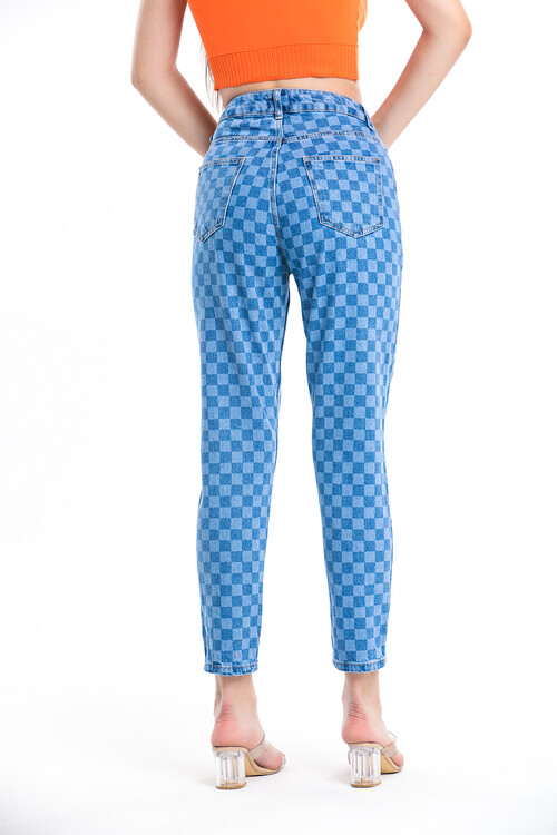 Cepli Kare Desenli Yüksek Bel Kot Pantolon
