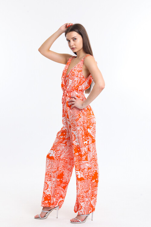 Çift Askılı Desenli Belden Bağlamalı Tulum