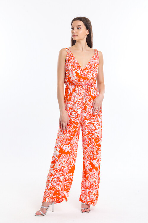 Çift Askılı Desenli Belden Bağlamalı Tulum