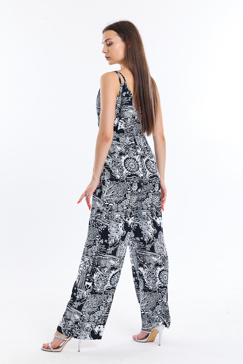 Çift Askılı Desenli Belden Bağlamalı Tulum