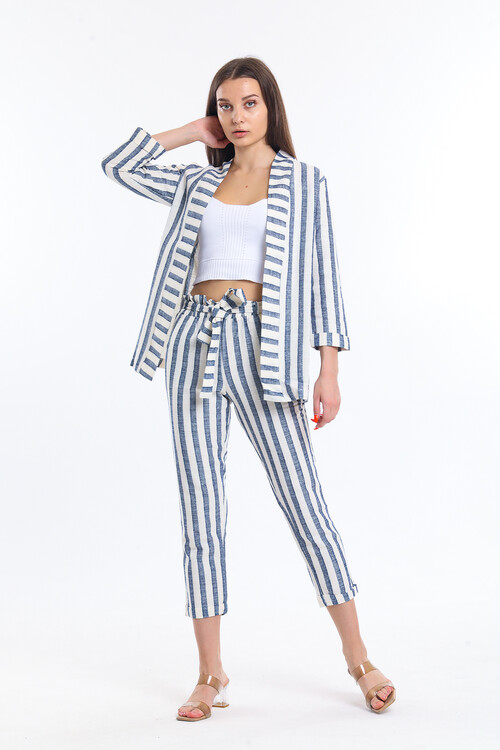 Çizgili Keten Pijama Takım