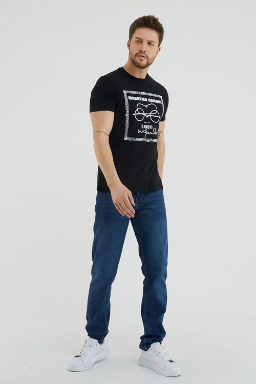 Gözlük Baskılı Bisiklet Yaka Battal Tshirt