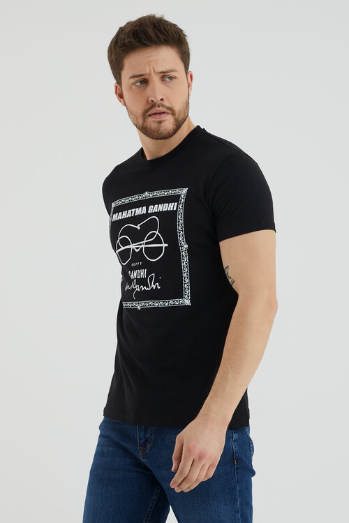 Gözlük Baskılı Bisiklet Yaka Slim Fit Tshirt