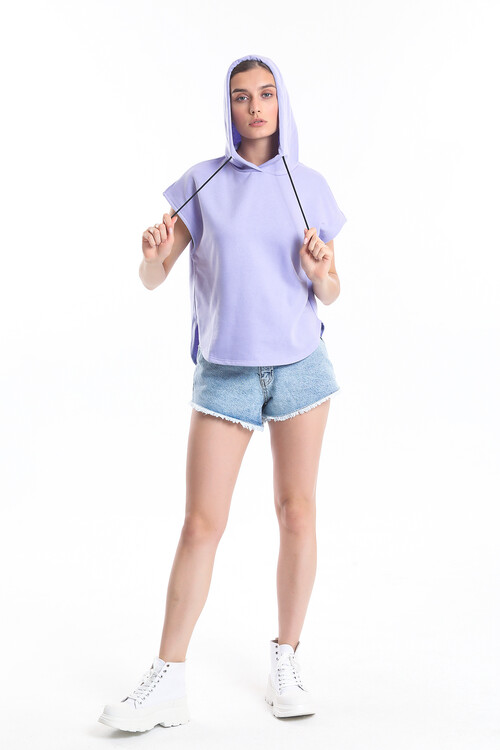 Kapuşonlu Bağcıklı Kolsuz Oversize Tişört