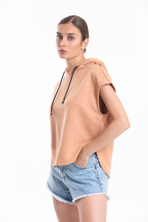 Kapuşonlu Bağcıklı Kolsuz Oversize Tişört