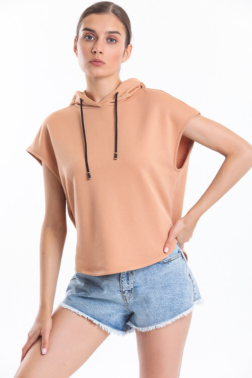Kapuşonlu Bağcıklı Kolsuz Oversize Tişört